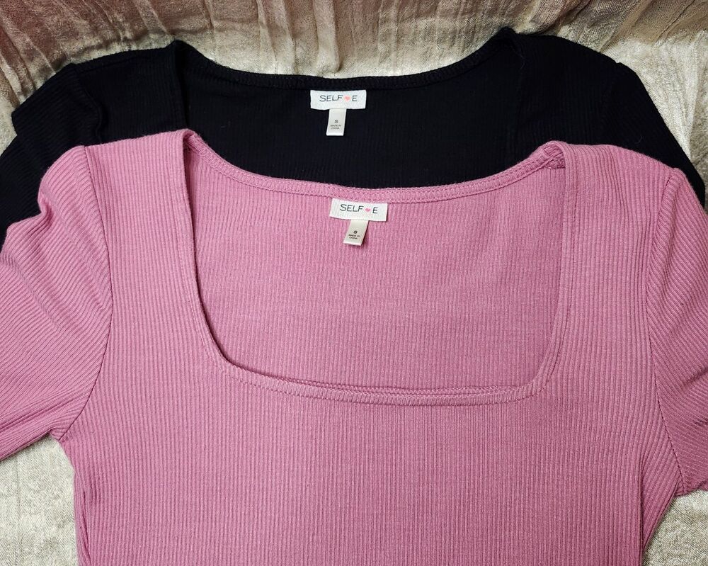 Set of 2 Self-E Ribbed Bodysuits Small Pink Black Square Neck Long Sleeve Snap